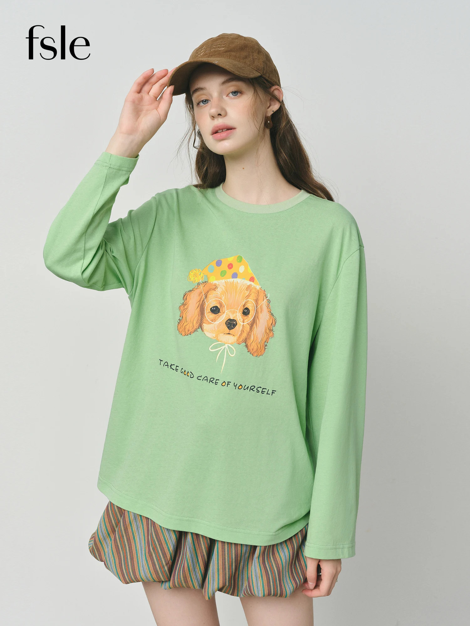 FSLE Lightweight Puppy Print Long Sleeve Womens Tee Autumn 2025 Laid-Back Loose Fit Relaxed Fit Top 25FS1316725FS13133 250728