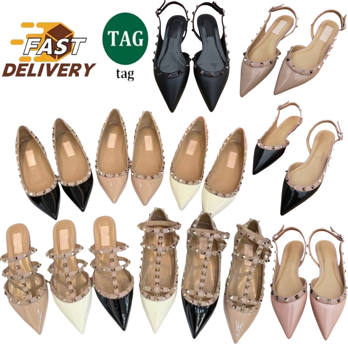 2025 Designer Women Sandals Leather Slippers Rievts Shoes Flat Bottom Summer Luxury Brand Genuine Leather Nude Black White Shiny Sexy Beach Casual S