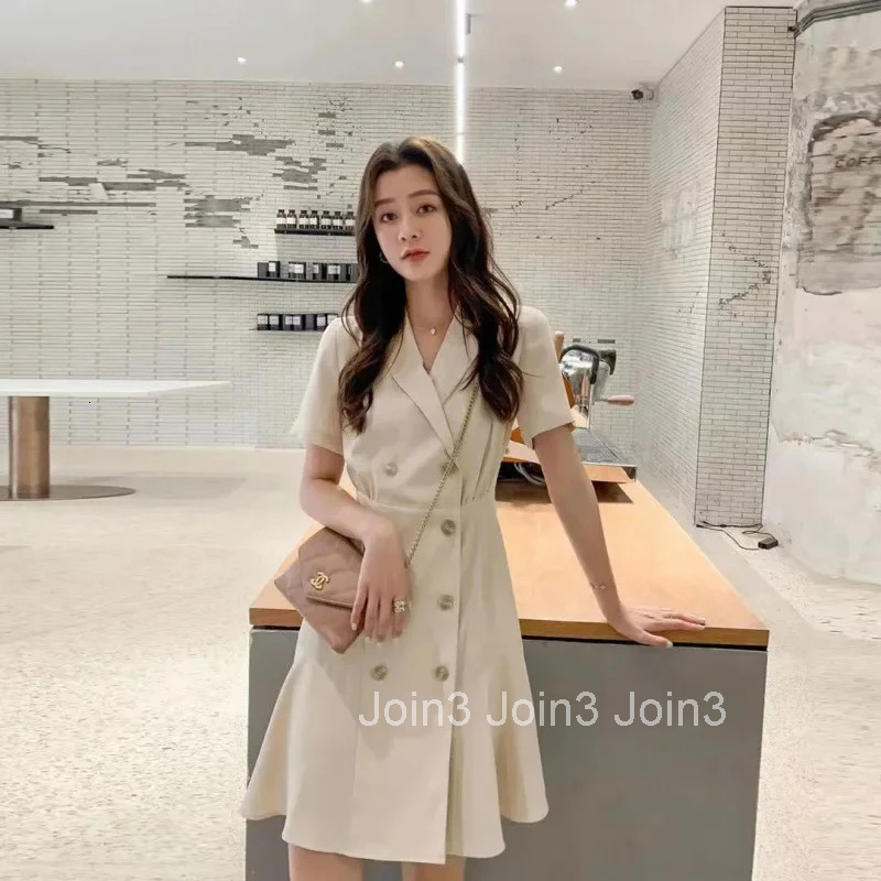 Slim Fit Suit Dress Womens Double Breasted Waist Cinched Career Design Spring Summer New Style Sweet Knee Length Dress