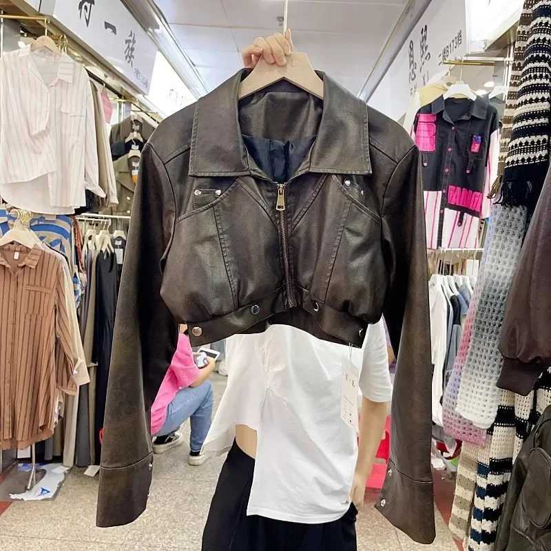 Khaki Black High-waist Short Faux PU Leather Jacket Spring Autumn Lapel Long Sleeve Motorcycle Biker Jacket for Women Streetwear Z250804
