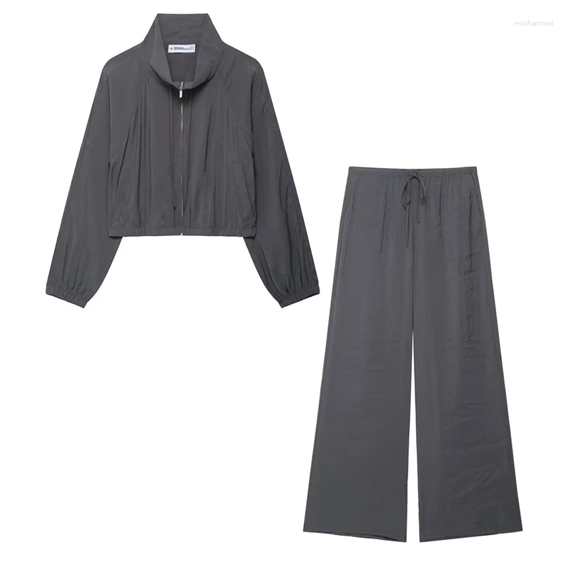 Women's Two Piece Pants Woman Outfits Wide Leg Pant Set 2 Pieces Sets For Women 2025 Fashion Long Sleeve Zipper Jacket Top Casual Suit