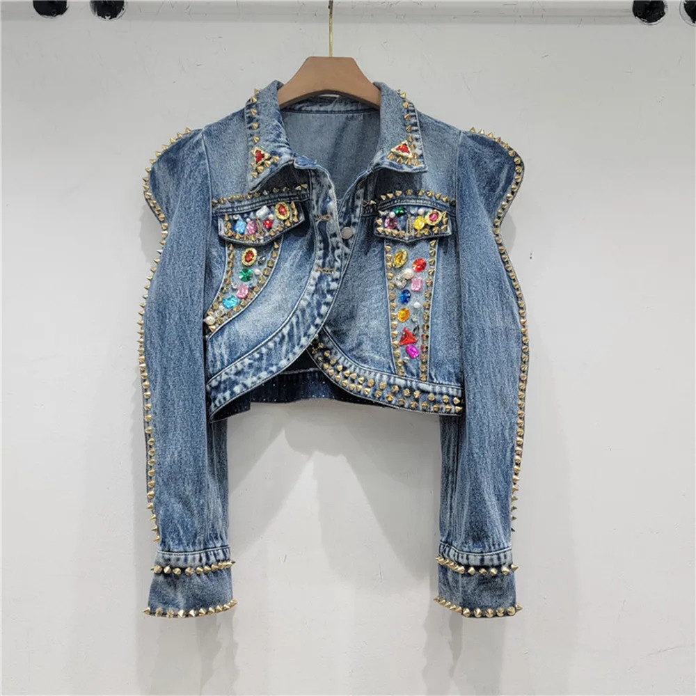 Fashion Rhinestone Crystal Jacket Denim Coat Casual Slimming Wavy Puff Sleeve Jean Jacket Women Spring Autumn Clothes Vintage 250804