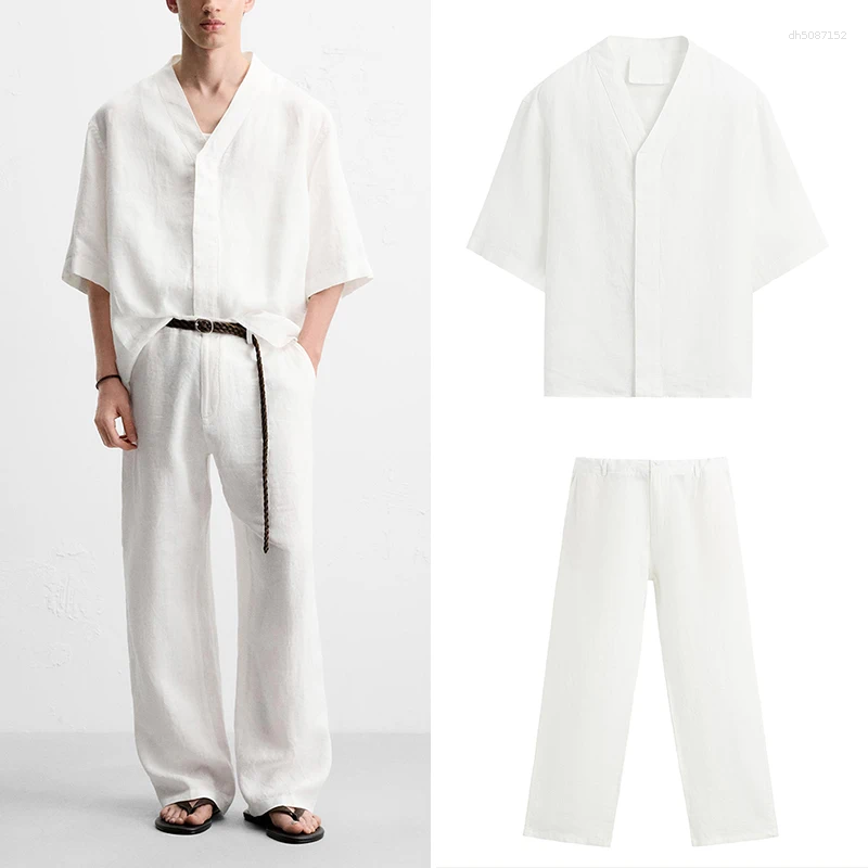 Men's Tracksuits Casual Linen Irt V-Ne Ort Sve 2025 Summer Faion Set With Long Pants Z Brand For Young Men