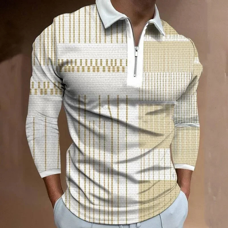 Fashion Autumn Mens Solid Color Striped Printed Zipper Polo Mens Paul Shirt Long Sleeve T-shirt Men Clothing 250804