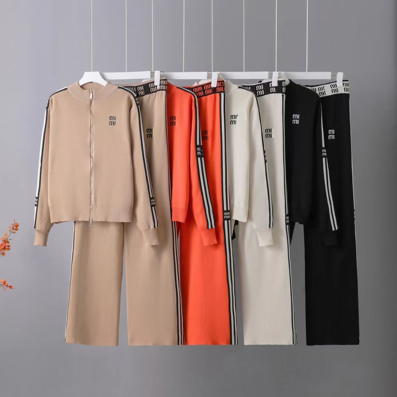 2025 new solid color zipper knit cardigan women's casual wide-leg pants in autumn and winter two-piece suit