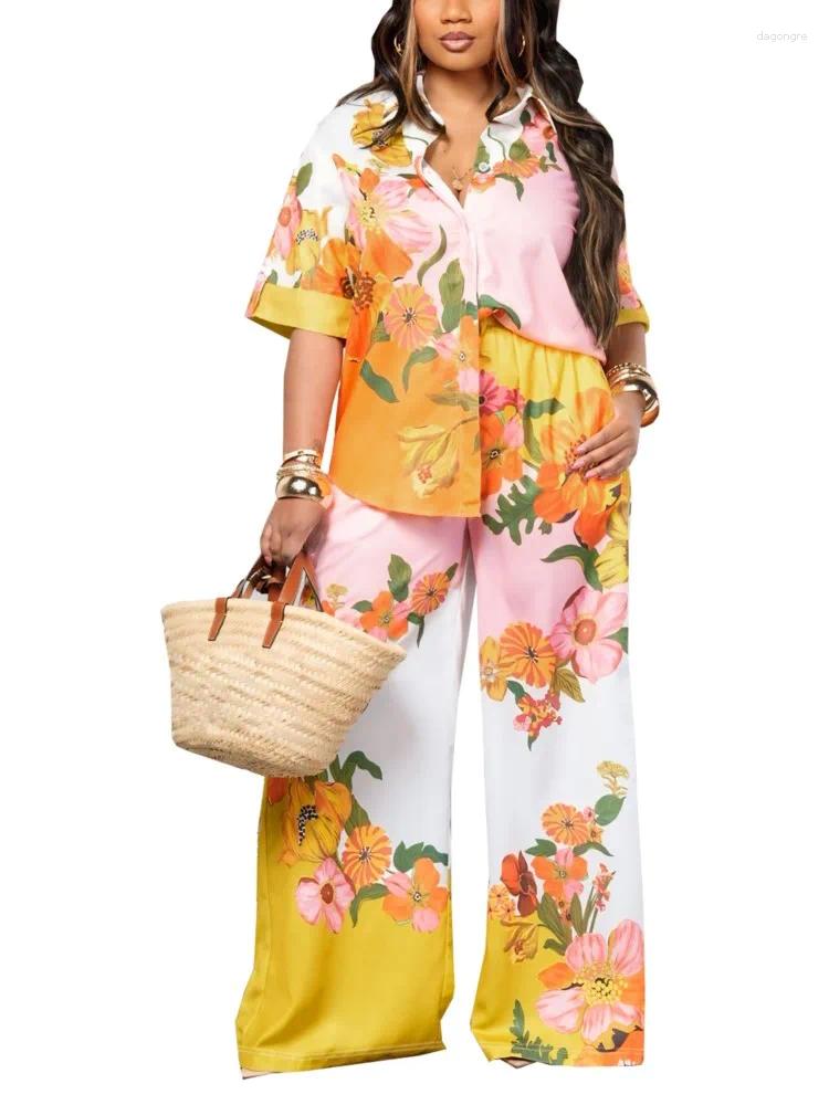 Women's Two Piece Pants Women Fashion Floral Printed Pant Sets Half Sleeve Blouse Shirt And Wide Leg 2025 Summer 2 Set Outfits Tracksuit