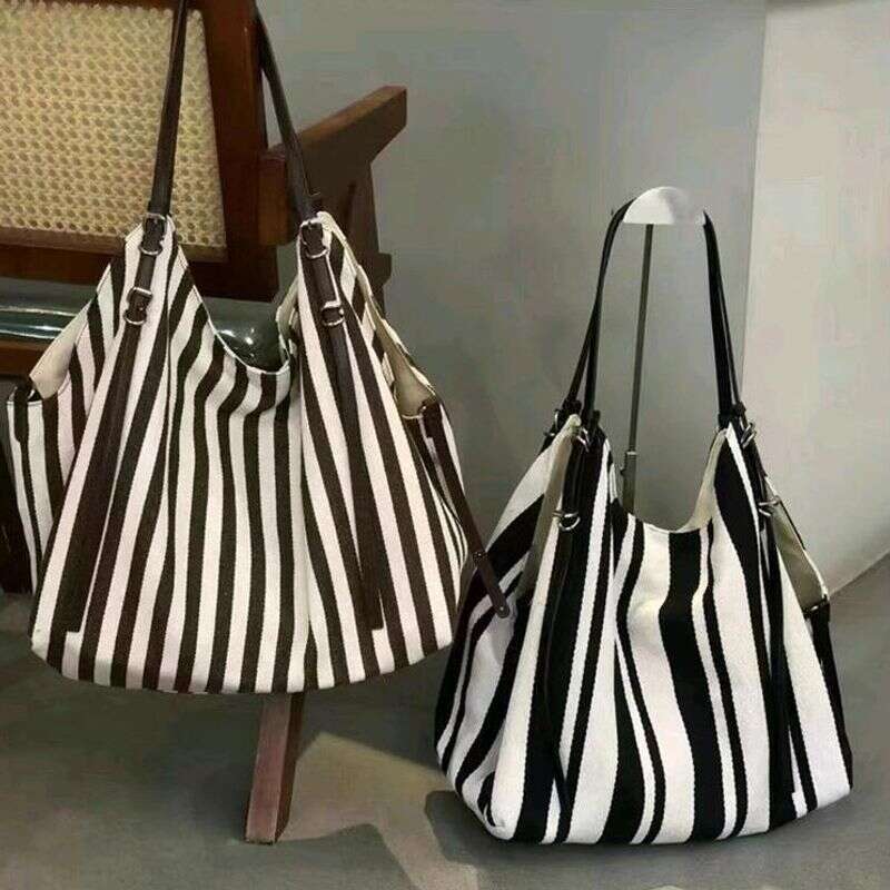 Niche Design Striped Canvas Underarm Women's Shoulder Crossbody Large Capacity Casual Lazy Style Handbag 2025 Autumn And Winter New Fashion Ver