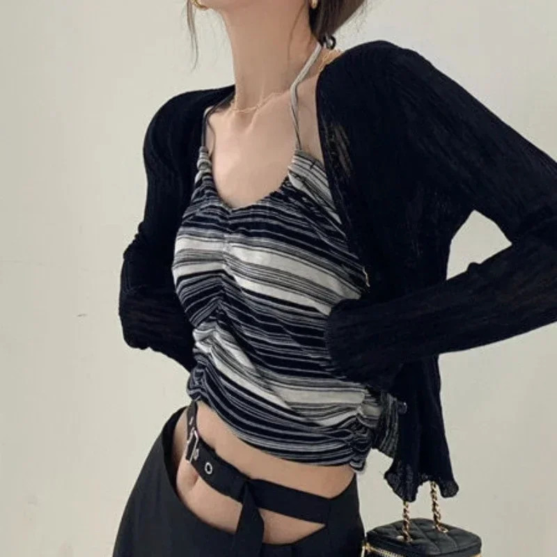 Y2K Casual Shirt Womens Sunscreen Cardigan V-Neck Thin Casual Long-Sleeved Solid Blouse Tops for Woman Summer Black White 250801
