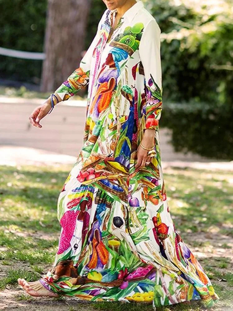UOOZEE Womens British Style Printed Maxi Dresses 2025 Spring Long Sleeves Loose Elegant Party Evening Lapel Shirts Dress 250728