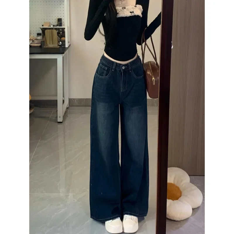 High Waist Wide Leg American Style Vintage Womens Jeans Autumn Winter Loose Slimming Drapey Straight Long FloorLength Pants 250724