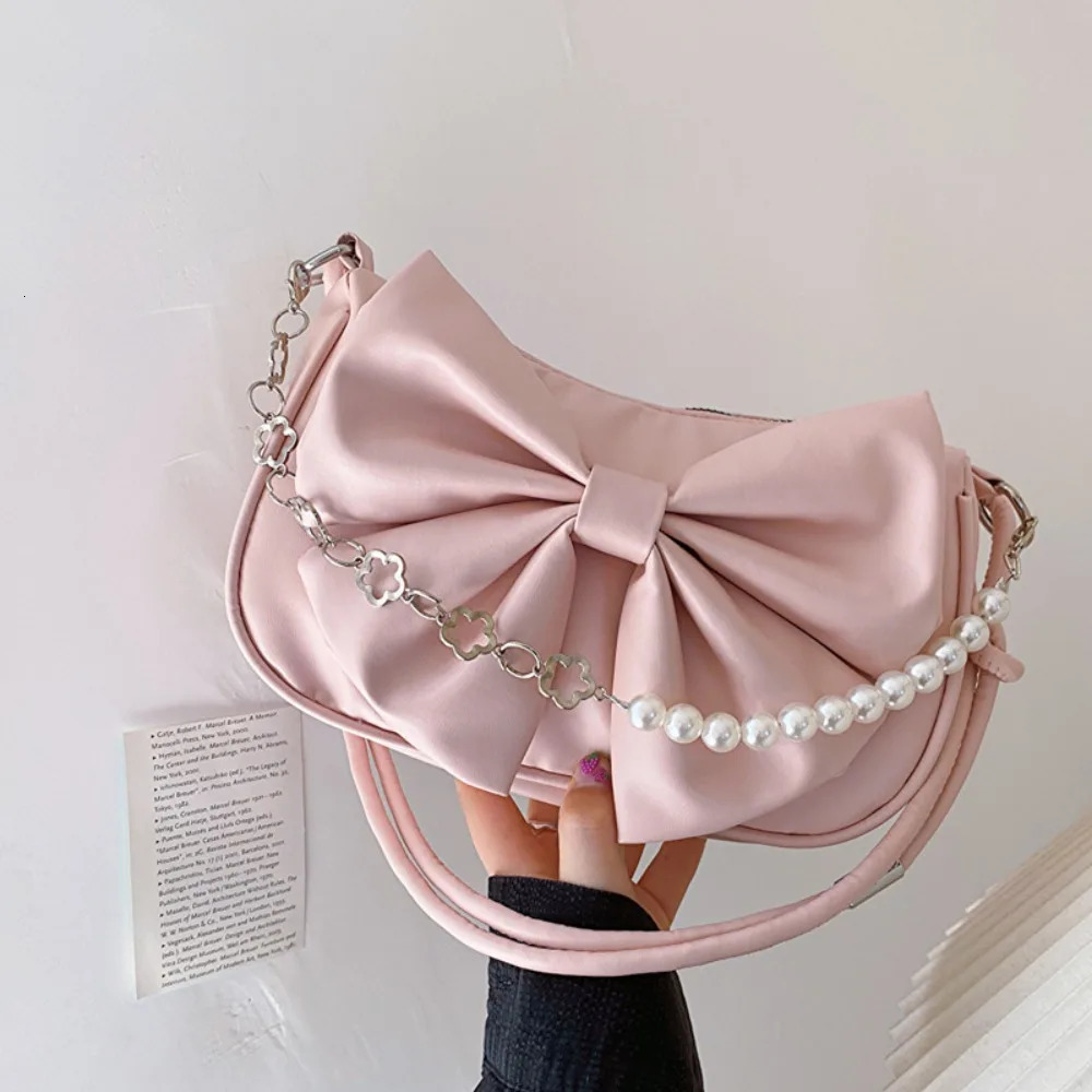 Trendy Pearl Bow Shoulder Bag Underarm Bag Daily Commuting Bag Casual Handbag Solid Business Womens Bag 250801