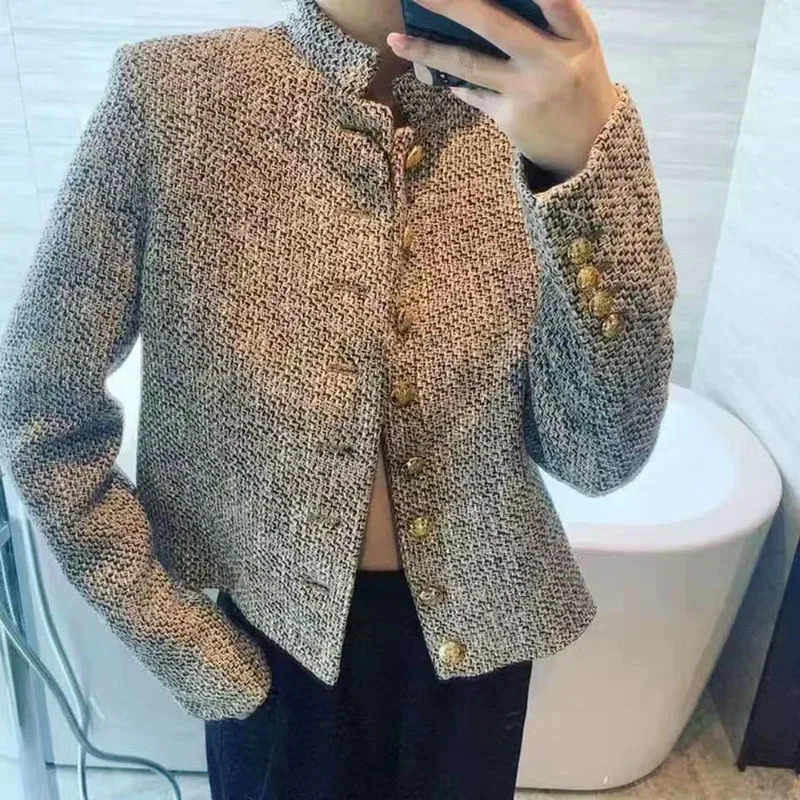 Lucyever Vintage Stand-Up Collar Tweed Jacket Woman Korean Single-Breasted Jackets for Women Autumn Winter Long Sleeve Outwear 250804