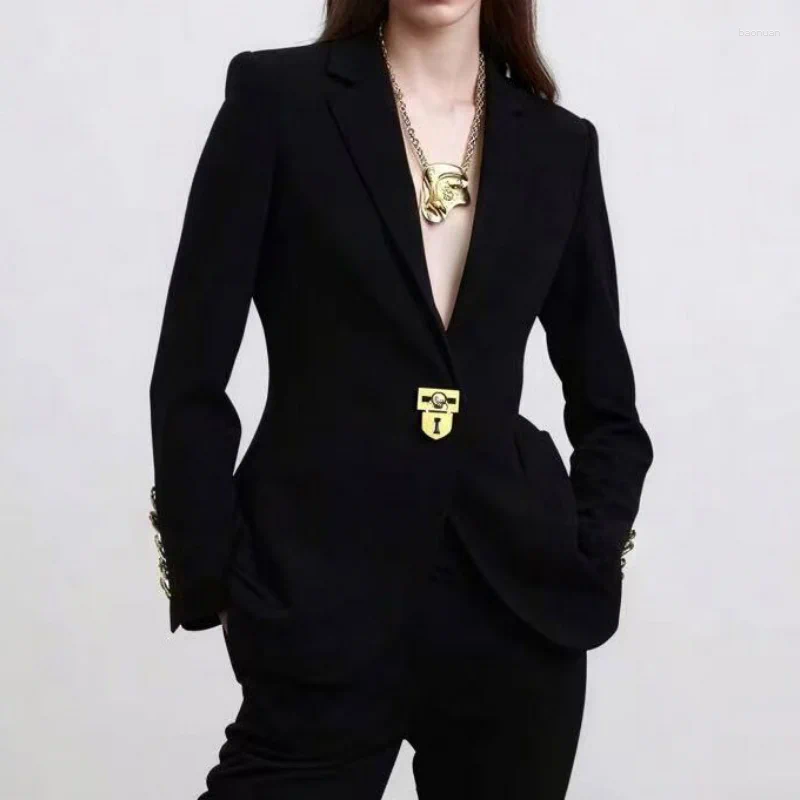 Women's Jackets Fall 2025 Notch Collar Padded Shoulder One Button Commute Y2K High Quality Fashion Simple Lock Blazer Jacket e4