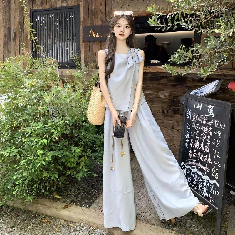 Women's Tracksuits Women Clothes Summer Fashion Casual Drawstring Solid Color O-neck Female All-match Sleeveless Tops Appear Thin Trousers