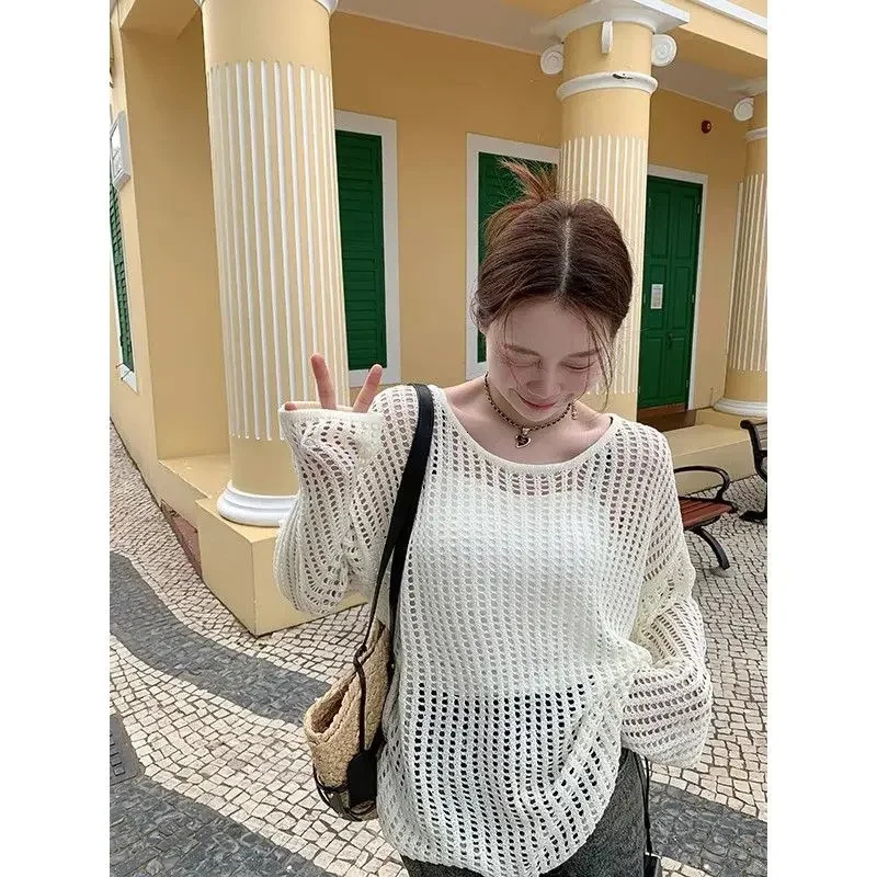 Breathable Hollow Out Lazy Style Japanese Version Summer Female Loose Casual Personality Harajuku Solid Pullovers Women Sweater 250801