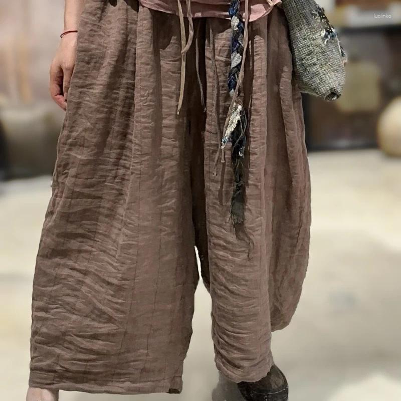 Women's Pants 2025 Autumn Solid Wide Leg Streetwear Women Elastic Waist Ramie High Quality Harem Original Vintage Elegant Pantalones