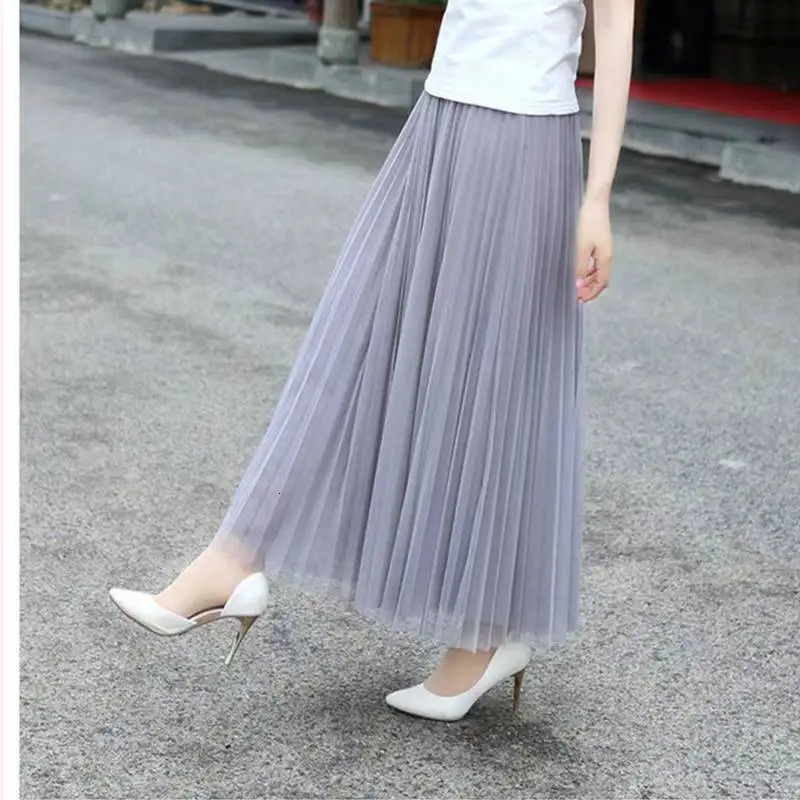 Vintage Tulle Skirt Women Streetwear Elastic High Waist Mesh Pleated Skirts Summer Elegant Korean A Line Office Ladies Skirt 250801