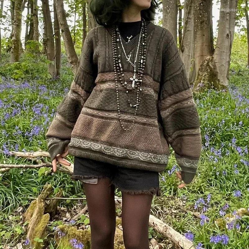 Women's Sweaters Y2K Fairycore Grunge Knitted Graphic Striped Print Vintage Loose Pullovers Autumn Long Sleeve Aesthetic Retro Knitwear