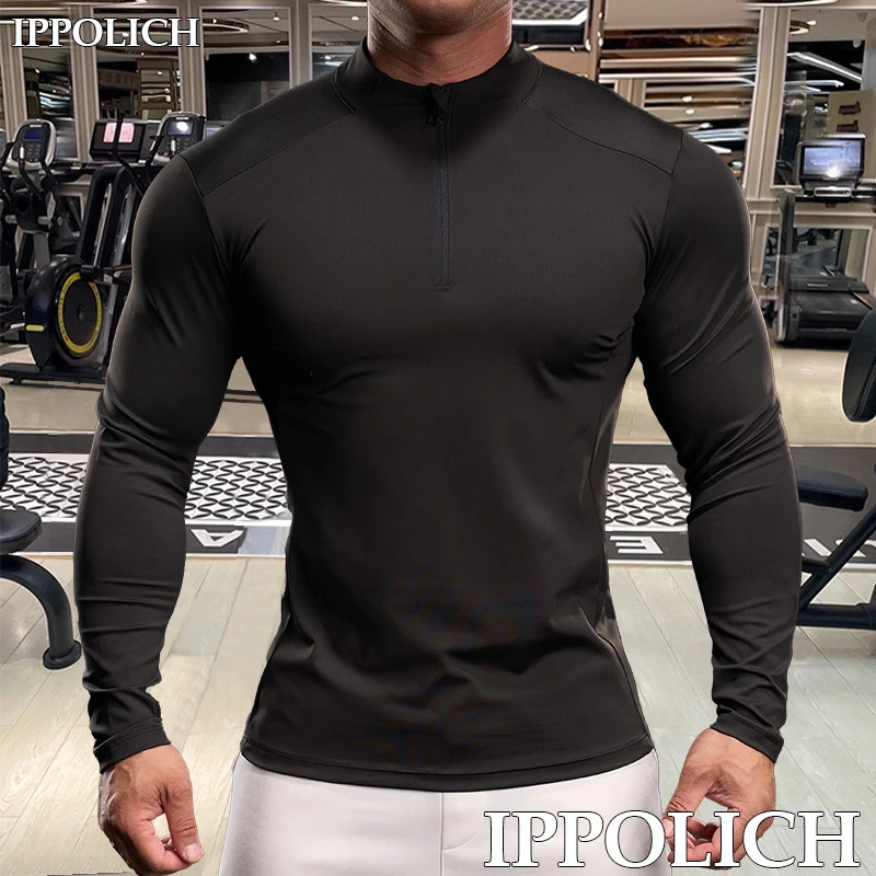 Men Sport Fitness T-shirt Breathable Fitness Quick Dry Half Zipper Reflective Strips Sport Clothing Running Long Sleeves T-shirt 250804
