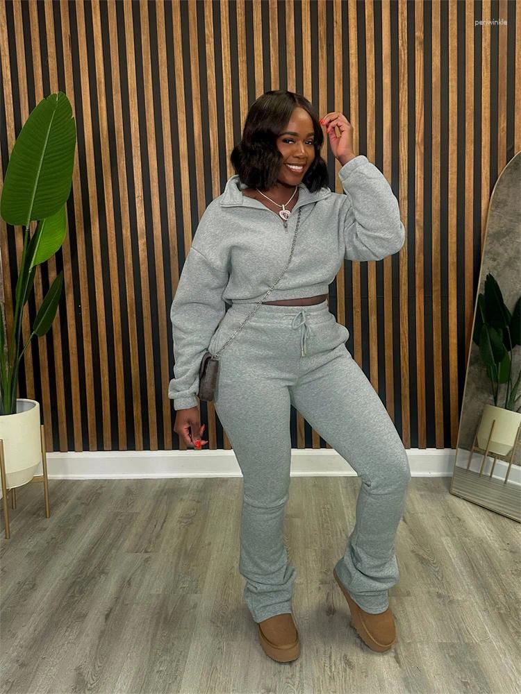 Women's Two Piece Pants Winter Fall Long Sleeve Zipper Crop Top Suits Tracksuits Casual Drawstring Green 2 Sets Sweatshirt
