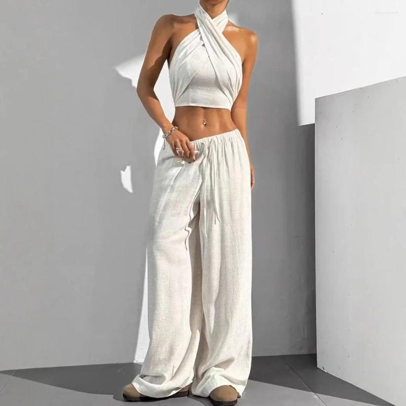 Women's Two Piece Pants Clothing Summer Casual Solid Color 2 Set Backless Cross-chest Wrapping Sexy Tank Top & Wide-leg Trousers