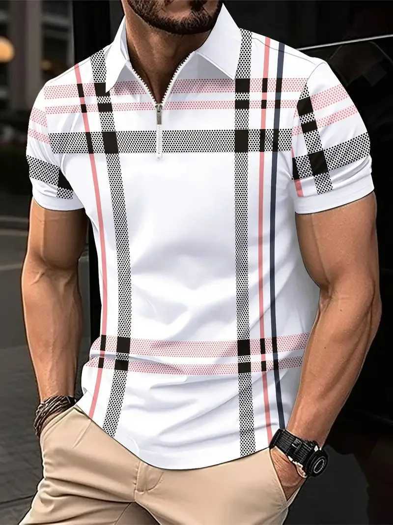 Fashion Streetwear Mens Plain T-Shirts Summer Short Sleeve 3D Striped Printing Zippers Polo Tee 6XL Plus Size Casual Tops W250805
