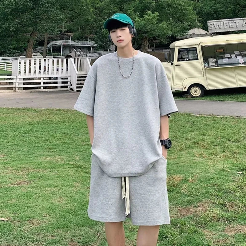 Summer Korea Solid Loose Tracksuits for Mens Set Sleeves T-Shirt Shorts Sportswear Sporting Suit Oversize 5XL 250804