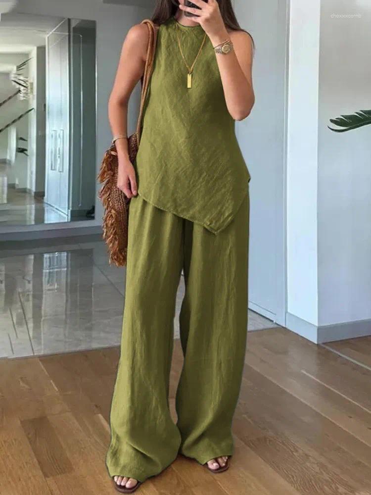 Women's Two Piece Pants Summer Cotton Linen Loose 2 Sets Solid Irregular Hem Top Outfit Casual Sleeveless O-neck Wide Leg Set