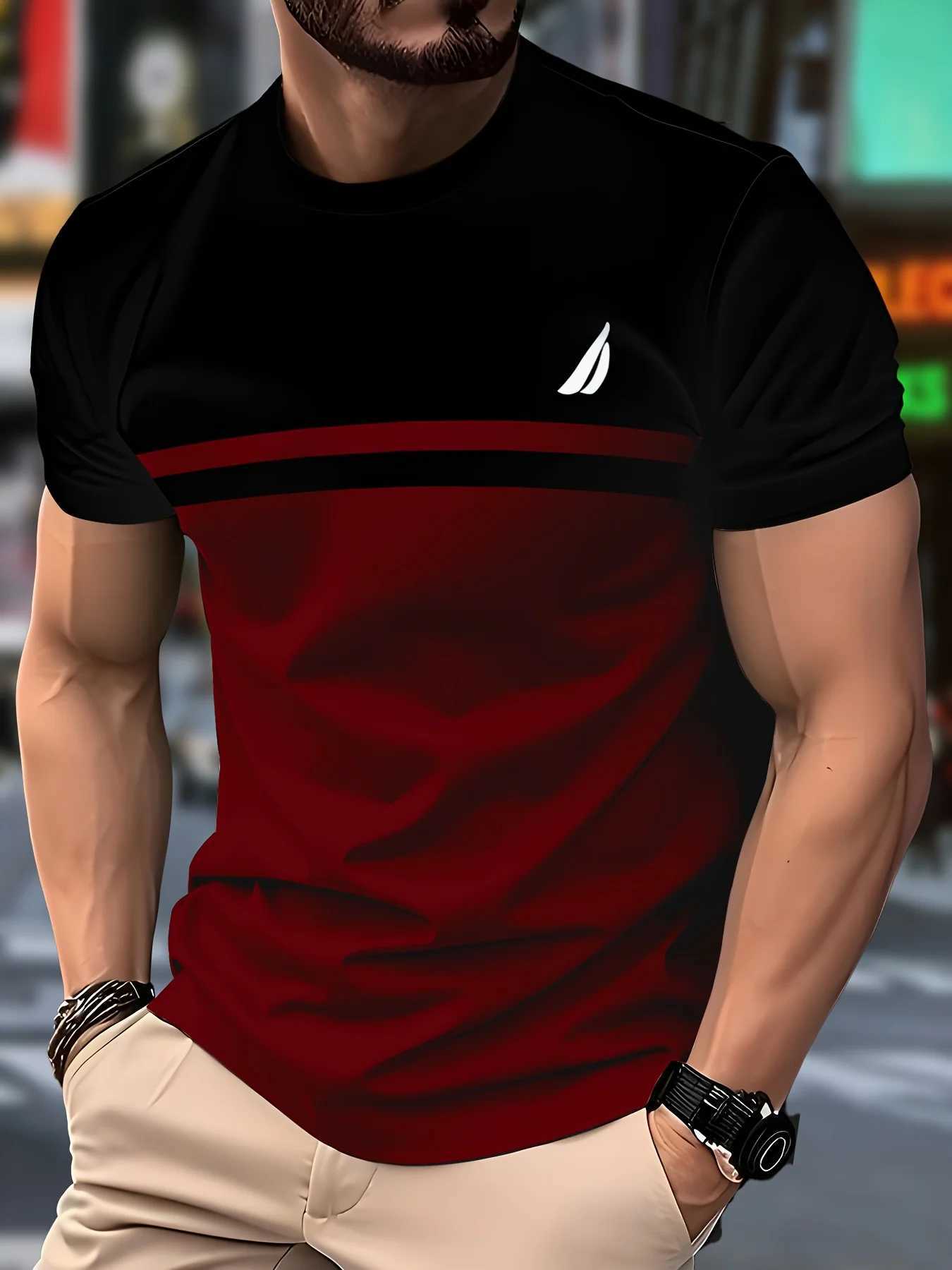 Mens Novelty 3D Crew Neck T-Shirt Casual Polyester Knit Fabric with Slight Stretch Regular Fit with Striped Pattern W250805