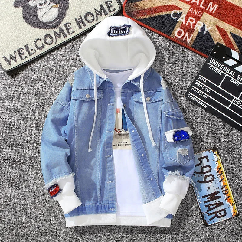 American Style Vintage Denim Jacket For Men Loose Fit Casual Clothing Trendy Two-piece Illusion Hooded Jacket Versatile 250801