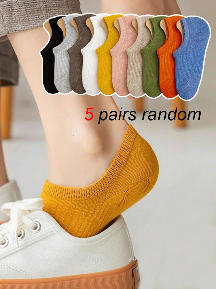 Random 5 Pairs Women Striped Boat Socks Anti Slip Low Cut Invisible Thin Suitable Wearing Summer Spring Breathable Casual Socks 250801