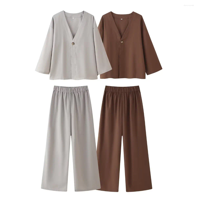 Women's Two Piece Pants 2025 Streetwear Cotton Linen Top Pant Set Women Single Button V Neck Full Sleeves Shirt Wide Leg Trouser Suit