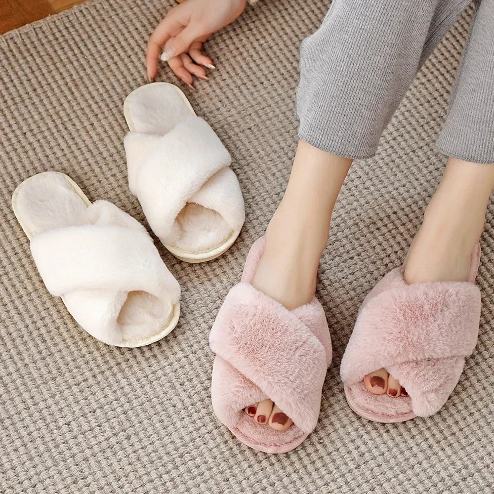 Winter Women House Slippers Faux Fur Fashion Warm Shoes Woman Slip on Flats Female Slides Black Pink cozy home furry slippers 250730