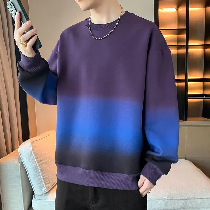 Spring Autumn Gradient Long Sleeve Mens High Street Round Neck Retro Loose Trendy Casual Tops 250801