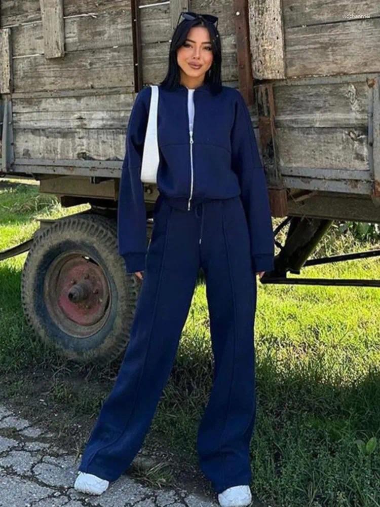 Women's Two Piece Pants Women Sweatsuit Set Vintage O-neck Zipper Bomber Jackets High Waist Loose Suit Female Spring Fashion Lady Sportswear