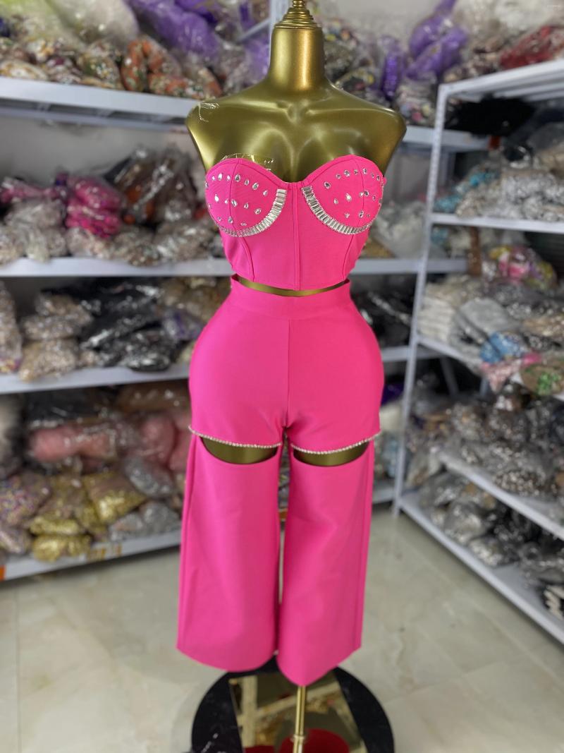 Women's Two Piece Pants Factory Wholesale Women Pink Bandage Outfits Crystal Tube Top And Casual Knitted Pieces Sets Evening Club Party