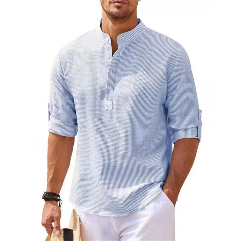 New Mens Long-Sleeved T-Shirt Spring Summer Solid Color V-Neck Breathable T-Shirt High Quality Beach Casual Mens Tops XJ250805