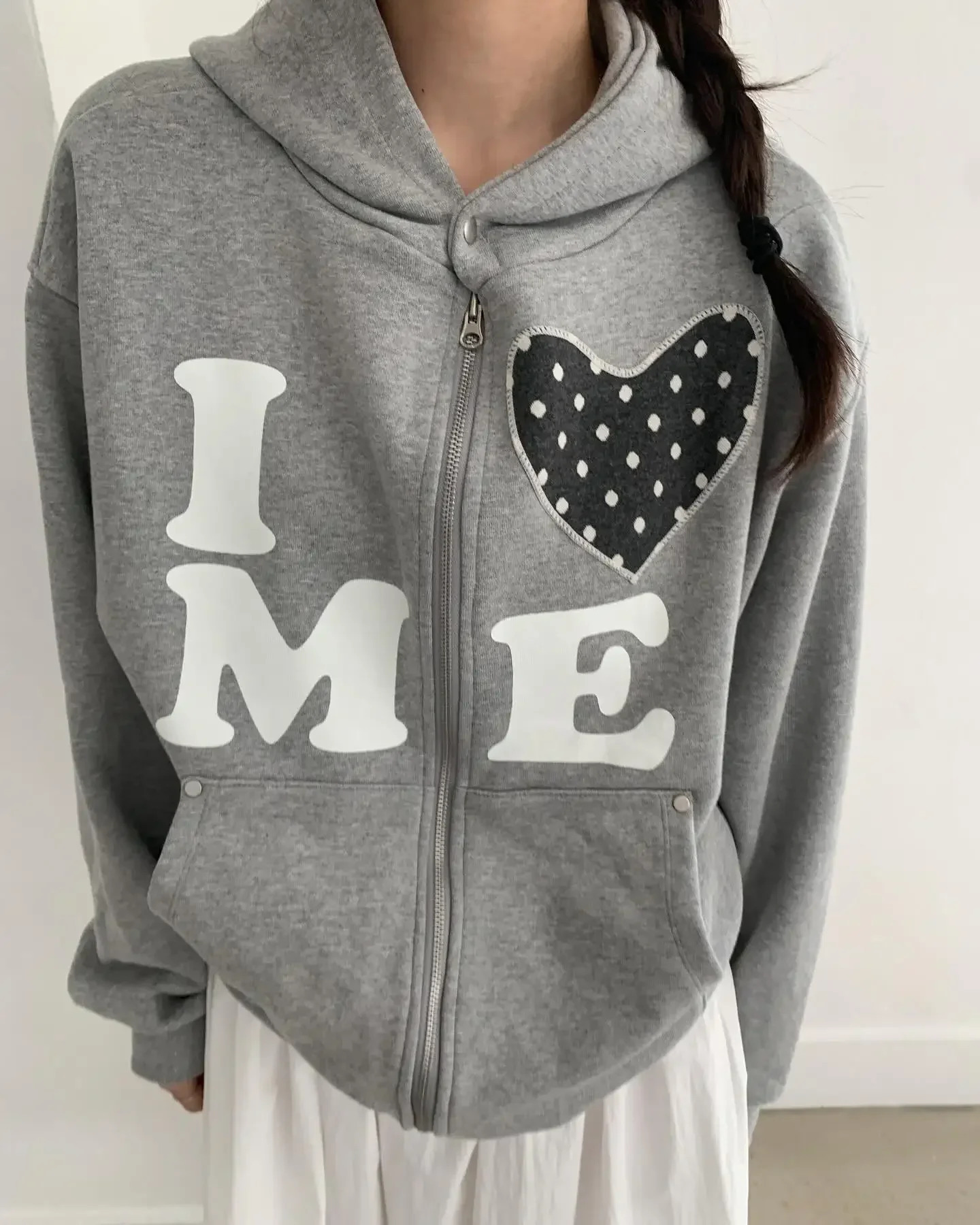 Y2K Harajuku Kawaii Casual Joker Sweatshirt Korean Fashion Love Patch Letter Embroidery Double Zipper Womens Loose Hoodie 250804