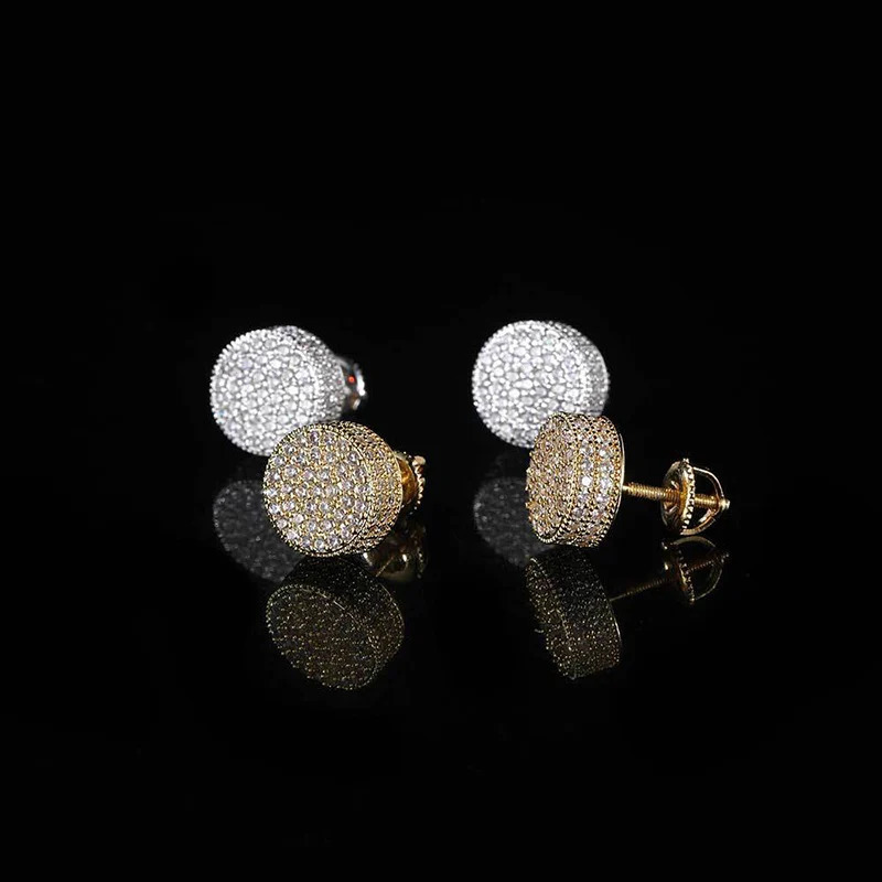 1 Pair Hip Hop full CZ Stone Paved Bling Ice Out Round Stud Earring for Women Men Rapper Jewelry Gold Silver Color 250804