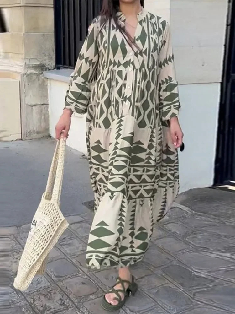 Women Print Long Sleeve Boho Dress V-neck Long Sleeve High Waist Single Breasted Long Skirt Holiday Loose Casual Vestidos 250728