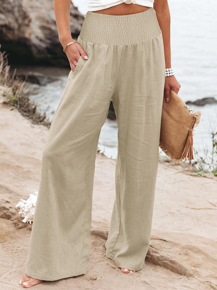 plus Size High Waist Wide Leg Cotton Linen Pants Elastic Trousers Retro Fashion Casual Spring Summer 250724