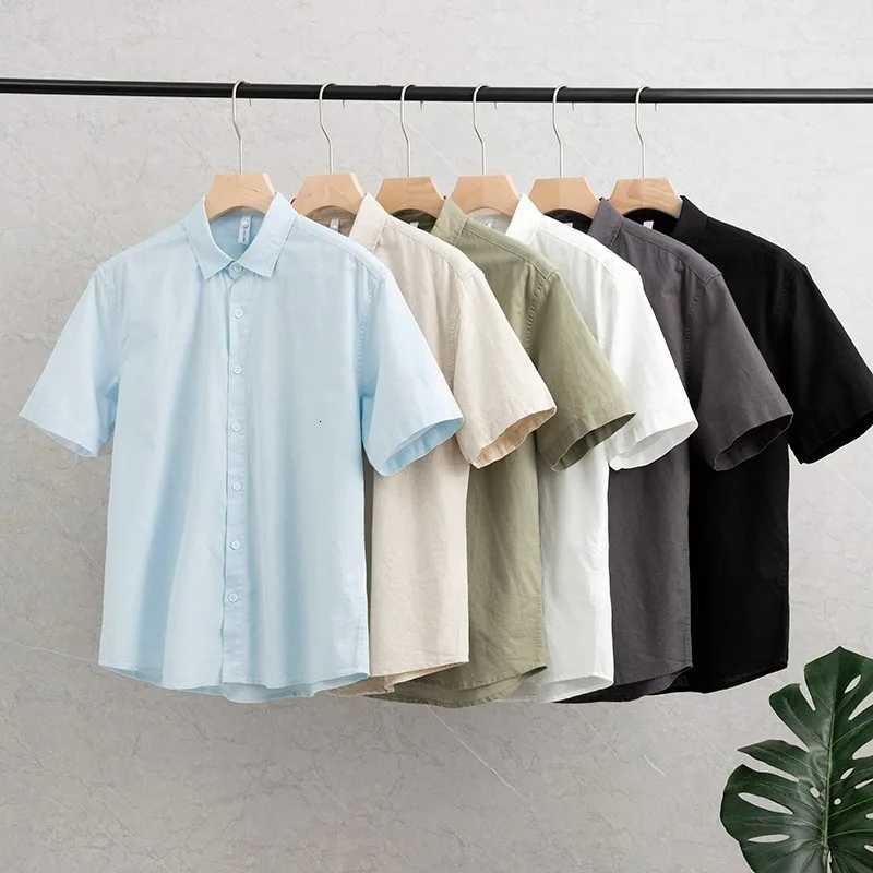 Mens Shirts Cotton Linen Elegant Mens Short Sleeve Social Fashion Blouses White Solid Mens Formal Shirt Summer Tops New Arrival W250805