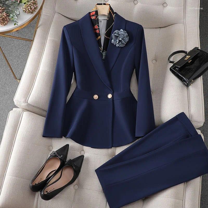 Women's Two Piece Pants High Quality Autumn Formal Suit Fashion Long Sleeve Blazer Coat Straight Trousers Office Lady Set