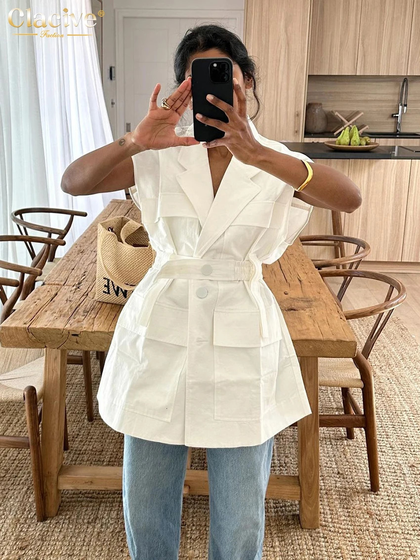 Clacive Fashion Loose White Cotton Womens Shirt 2024 Elegant Lapel Sleeveless Shirts Casual Classic Solid Top Female Clothing 250724