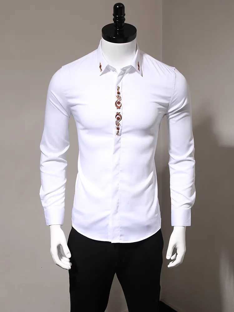 Spring New Mens Embroidered Long Sleeve Shirt Anti-Wrinkle Slim Fit Trendy Shirt with Embroidery Luxurious Casual XJ250805