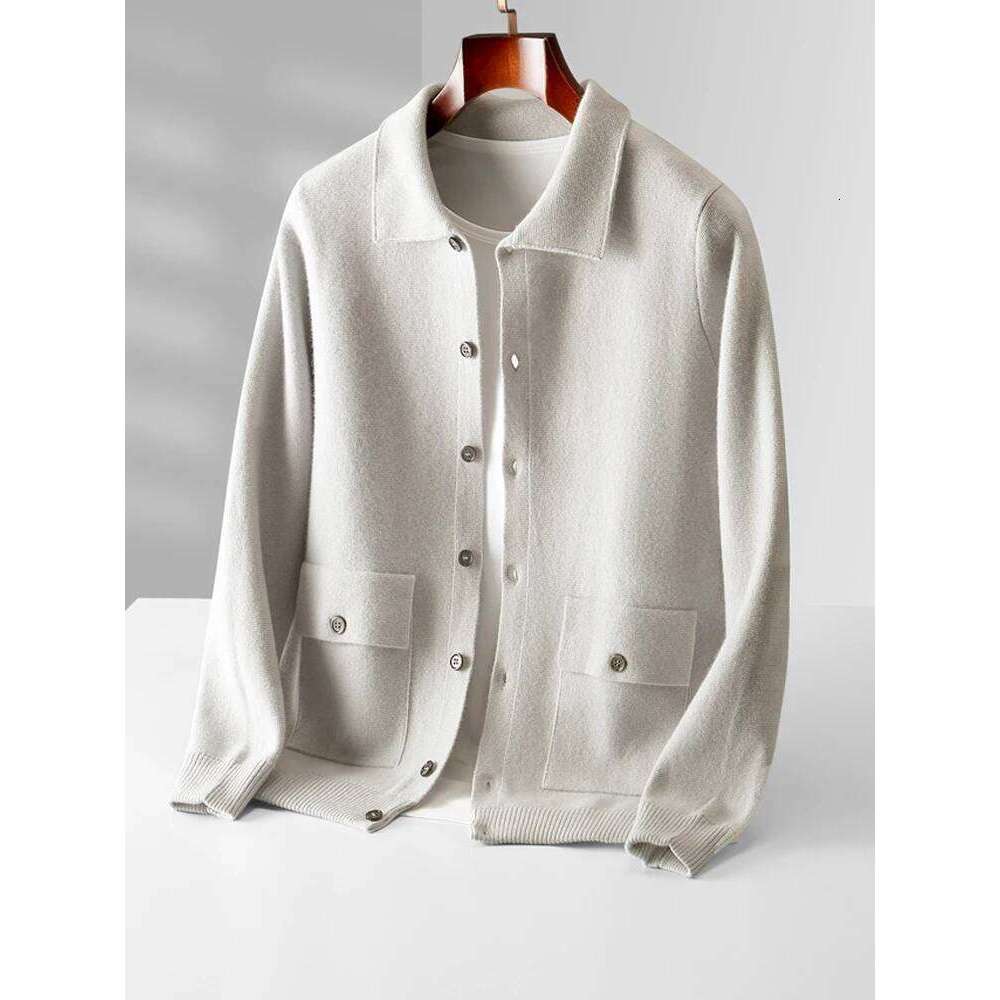 Designer Clothing 2025 Spring Autumn 100% Merino Wool Knitwear Men Sweater High Quality Turndown Collar Single Breasted Solid Color Cardigan Soft To