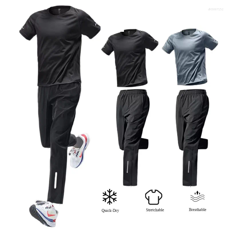 Men's Tracksuits 2Pcs Sportswear Summer Fall Ice Silk Loose Running Training Clothes Quick Dry Breathable T-shirt Outdoor Fitness