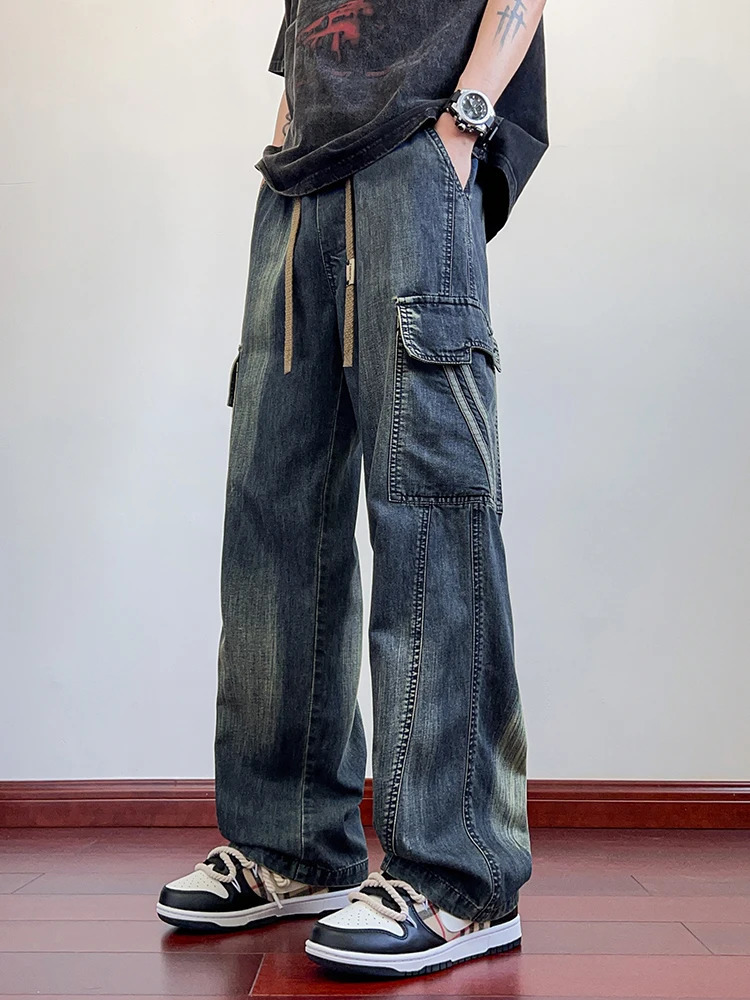Summer Mens Jeans Flap Pockets Lightweight Denim Cargo Pants Big Size 8XL 7XL 6XL Wide Leg Baggy Jeans Straight Trousers 250804