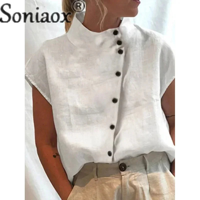Elegant Cotton Linen Stand Neck Shirt Female 2023 Summer Simple Style Singlebreasted Cardigan Tops Casual Loose Blouse 250724