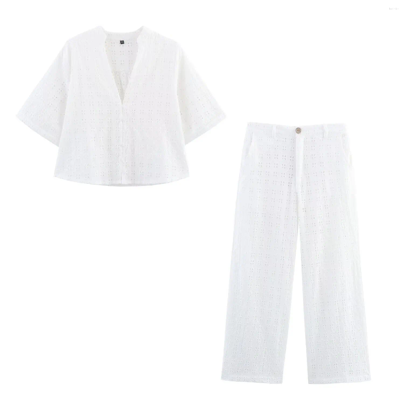 Women's Two Piece Pants Slim Embroidered Trousers Set Short Sleeve V-Neck Top Or Fashion Summer 2025 Holiday Casual
